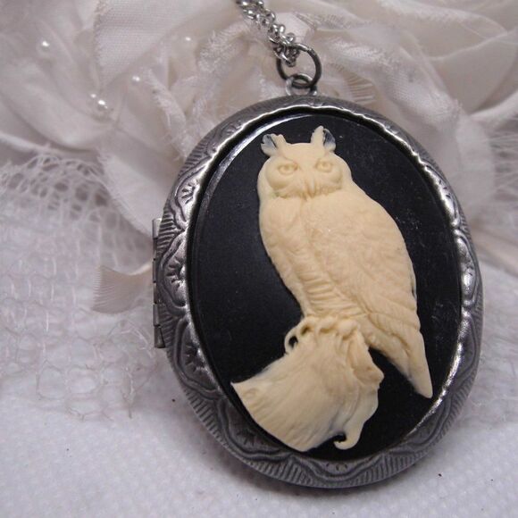 Horned Barn Owl Hoot Cameo Locket Box Keepsake Anniversary birthday GIFT MOM - Picture 6 of 9